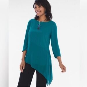 Chicos Asymmetrical Tunic Top Tapestry Teal 3/4 Sleeve Fashion Popover Size 3